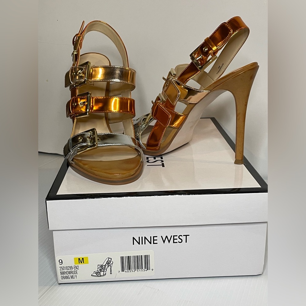 Nine West, multi metallic high heel sandal. 4” heel. Size 9.